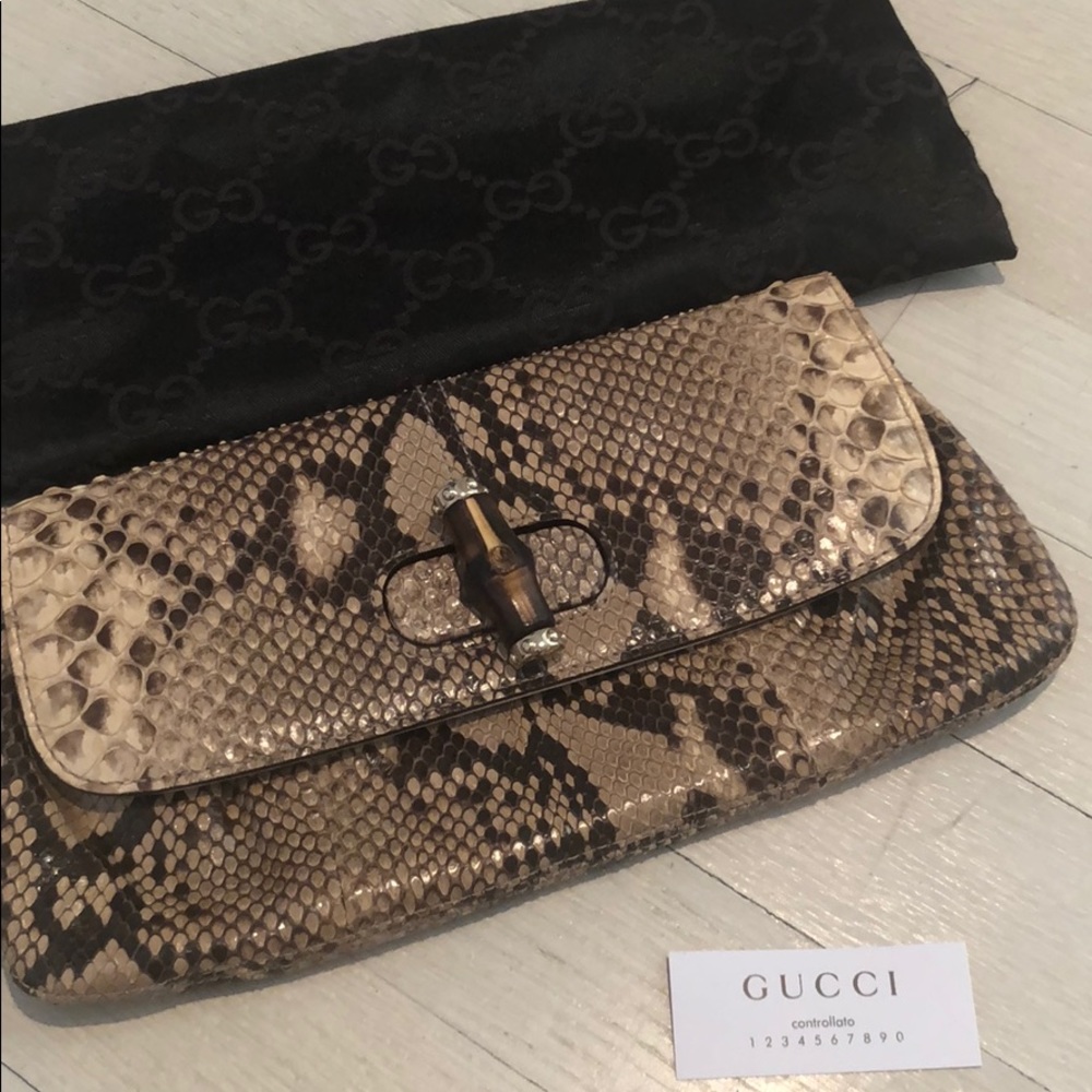 Vintage Gucci brown/beige Python bamboo clutch bag - Picture 12 of 14